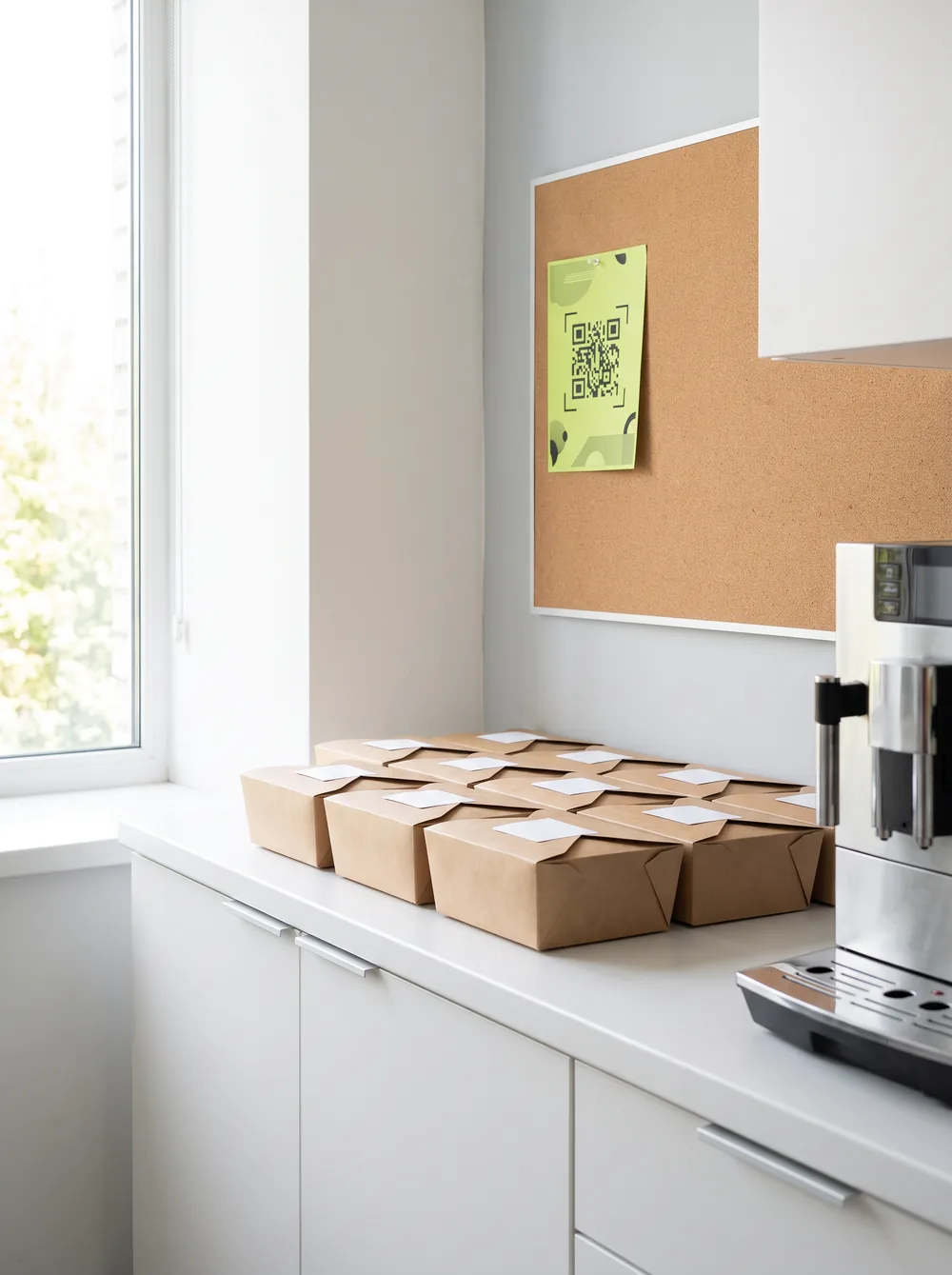 An office break room with a lunch flyer on the notice board and a row of labeled lunch boxes on the counter