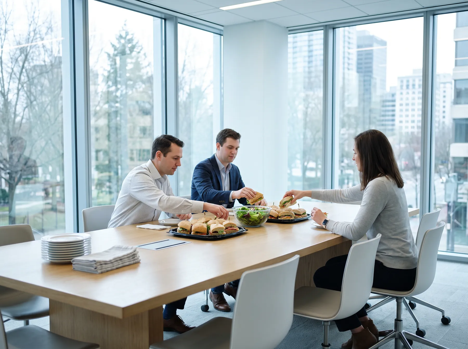A lunch meeting around a conference table set with sandwich platters and salad