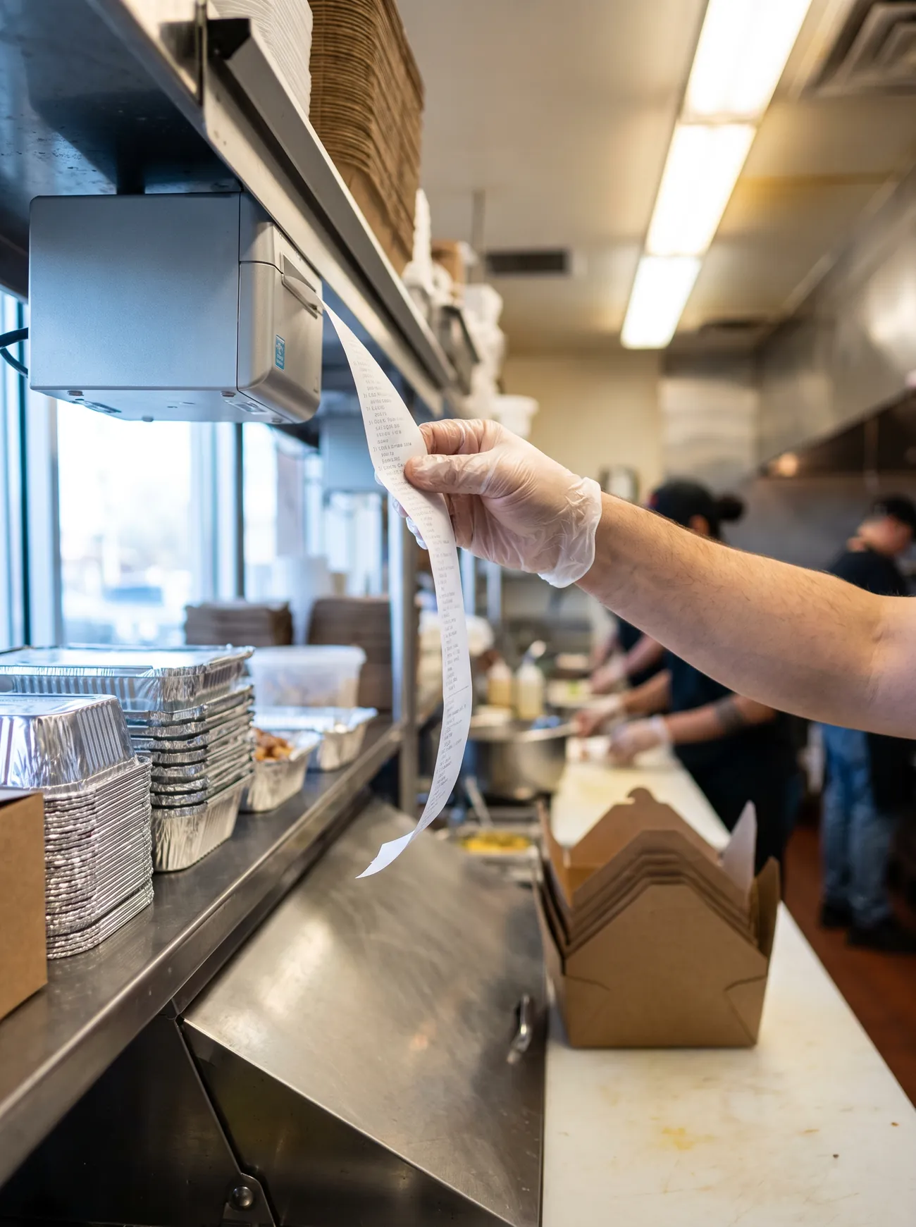 A cook tearing an order ticket from the printer above a deli kitchen's pass