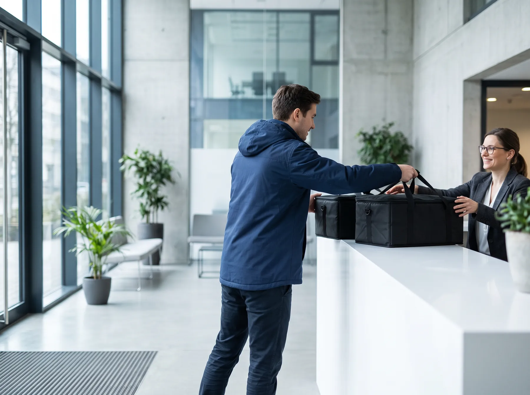A driver handing two catering bags to a receptionist at an office front desk