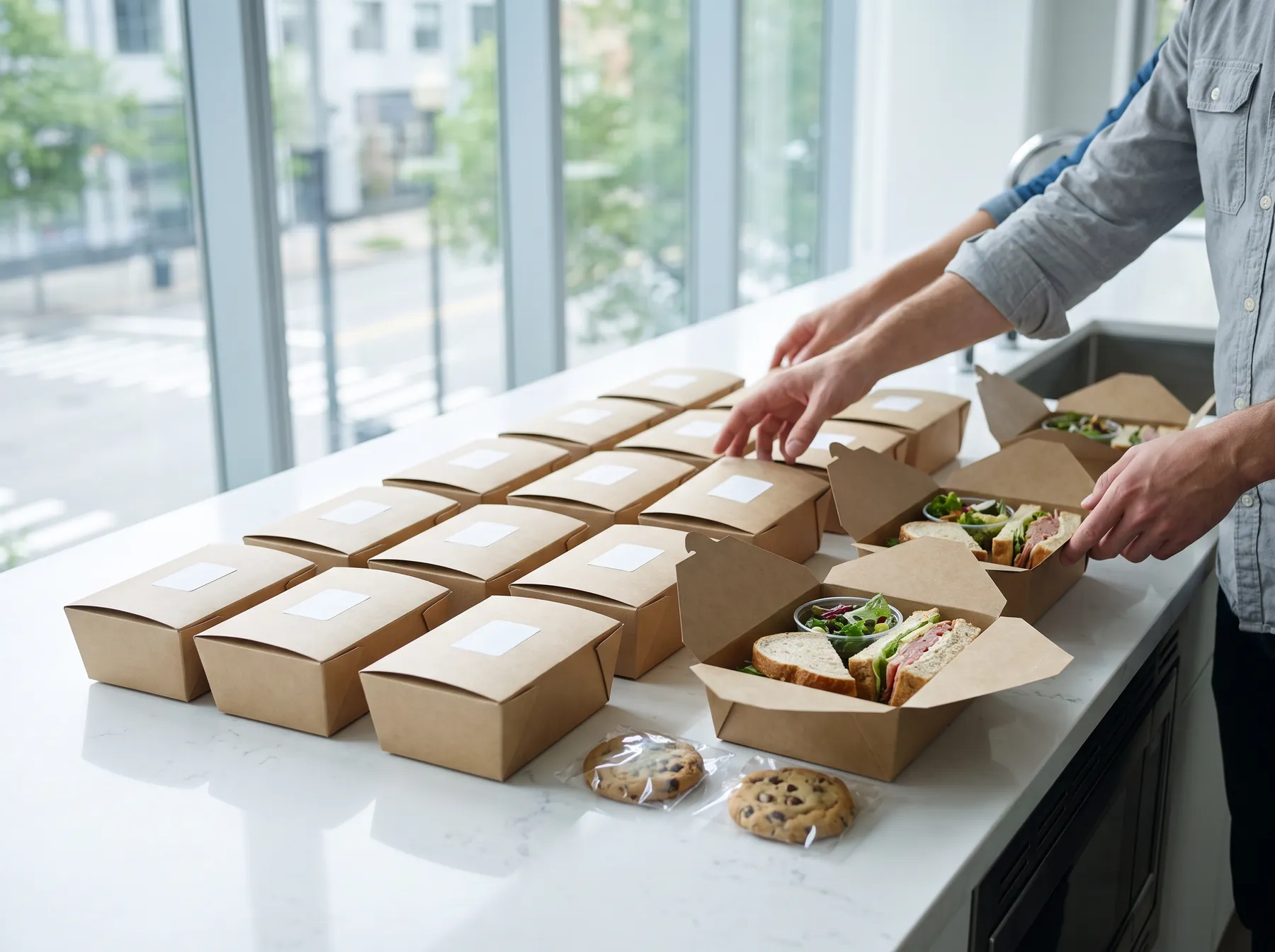 Labeled lunch boxes lined up on an office counter as coworkers pick up theirs