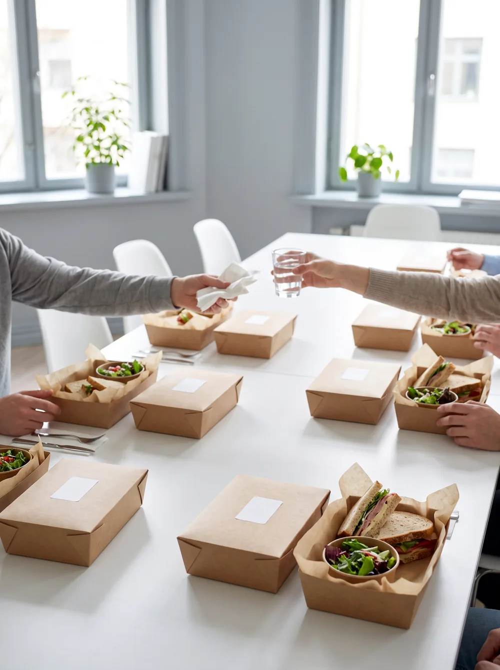 A team lunch around a meeting room table, a labeled lunch box at every seat