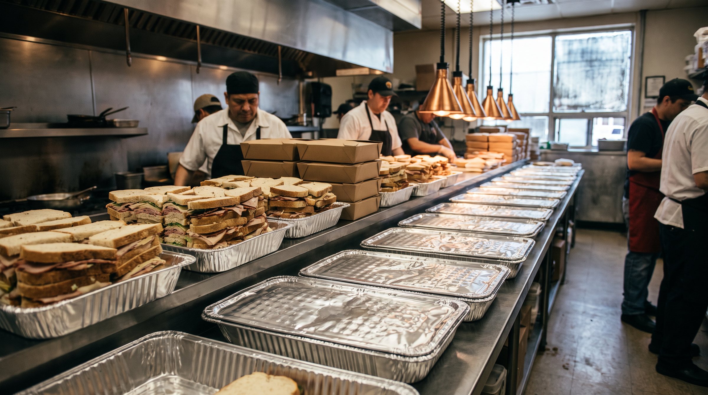 A stainless steel pass in a deli kitchen lined end to end with catering trays ready for pickup