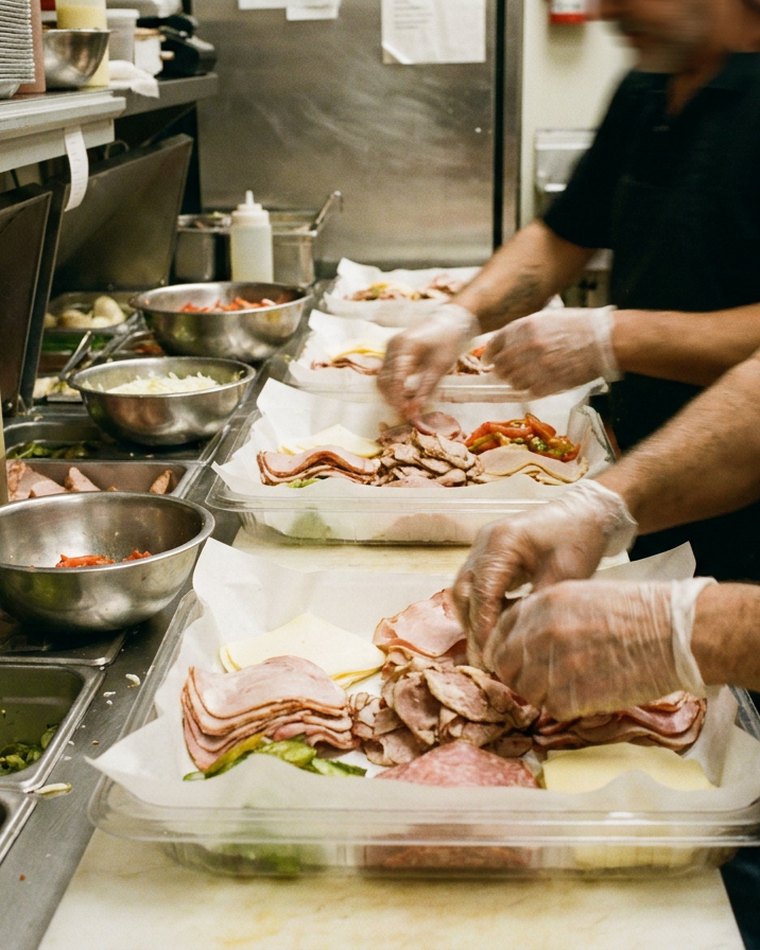 Line cooks assembling catering platters on a stainless prep counter