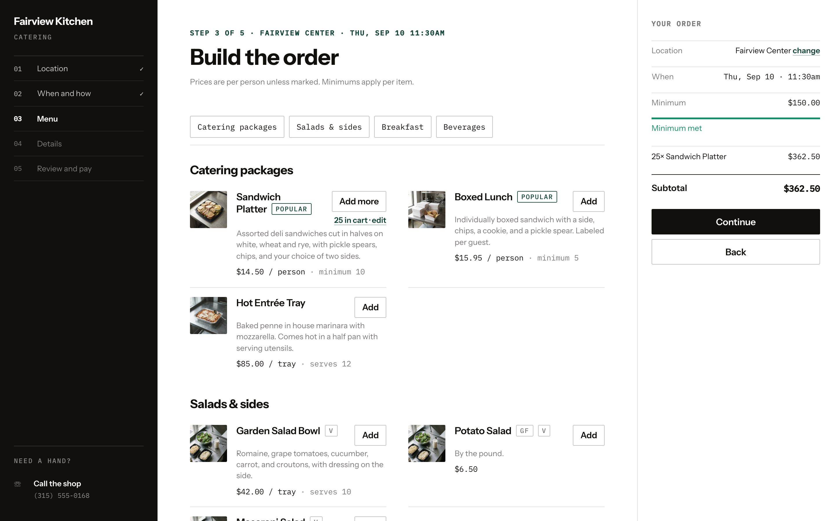 The catering menu on a laptop: the brand's rail on the left, packages with photography in the middle, the running order and Continue on the right