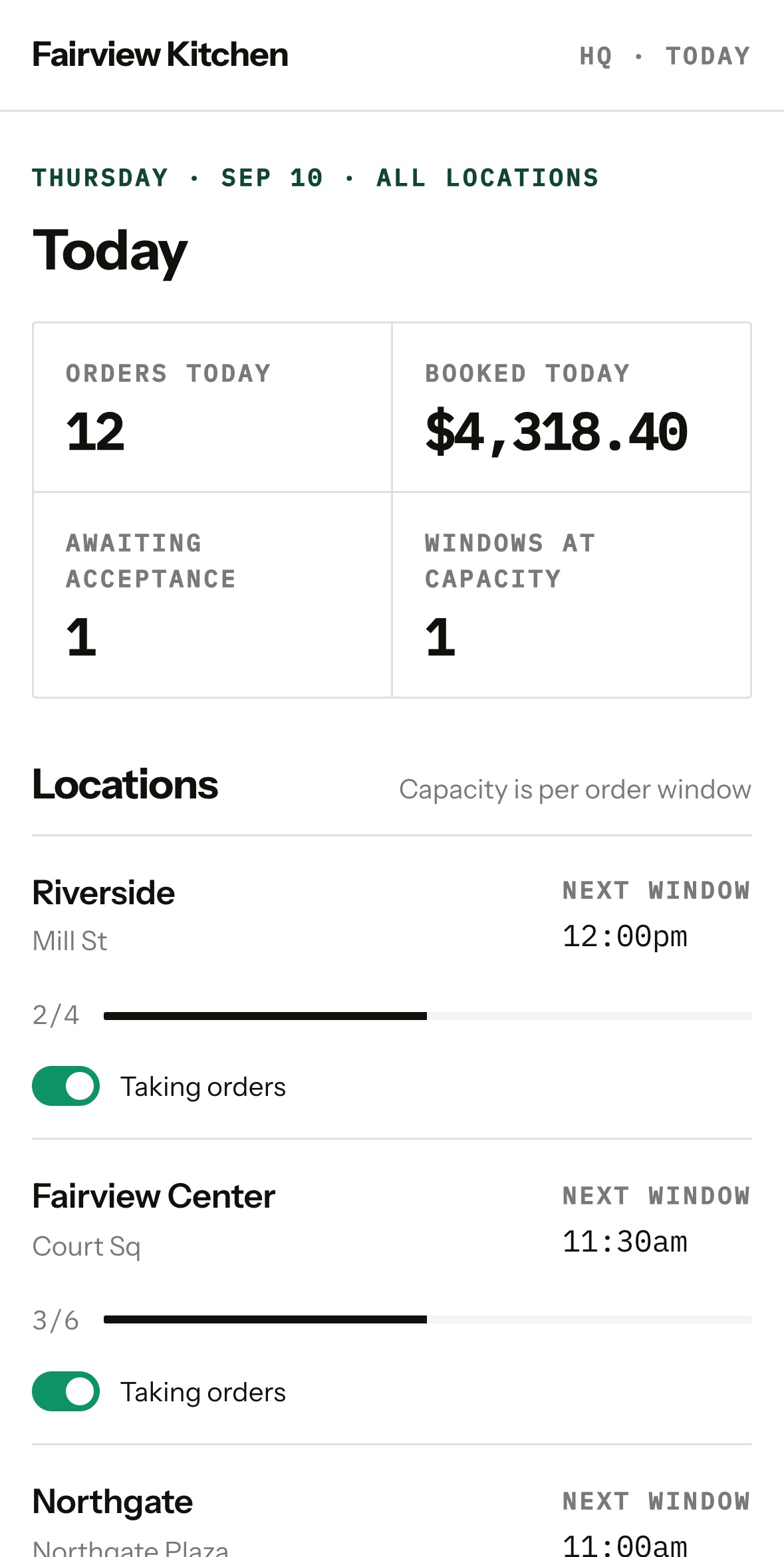 HQ on a phone: today's numbers and each location's board